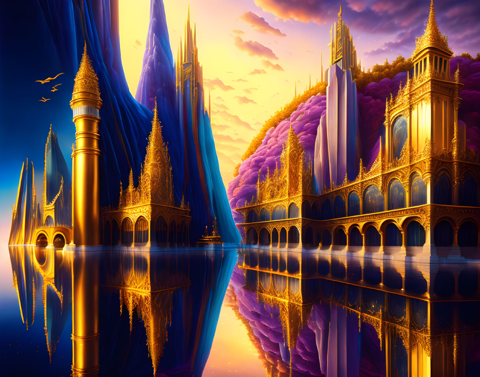 Golden city with ornate spires reflected in water at sunset, purple clouds and mountains.