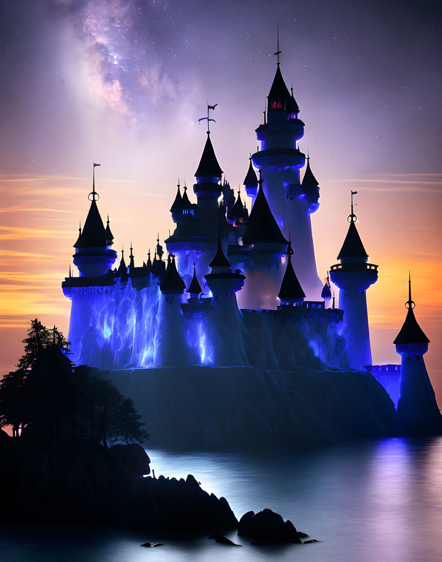 Twilight fairytale castle on cliff with waterfall, starry sky sunset view