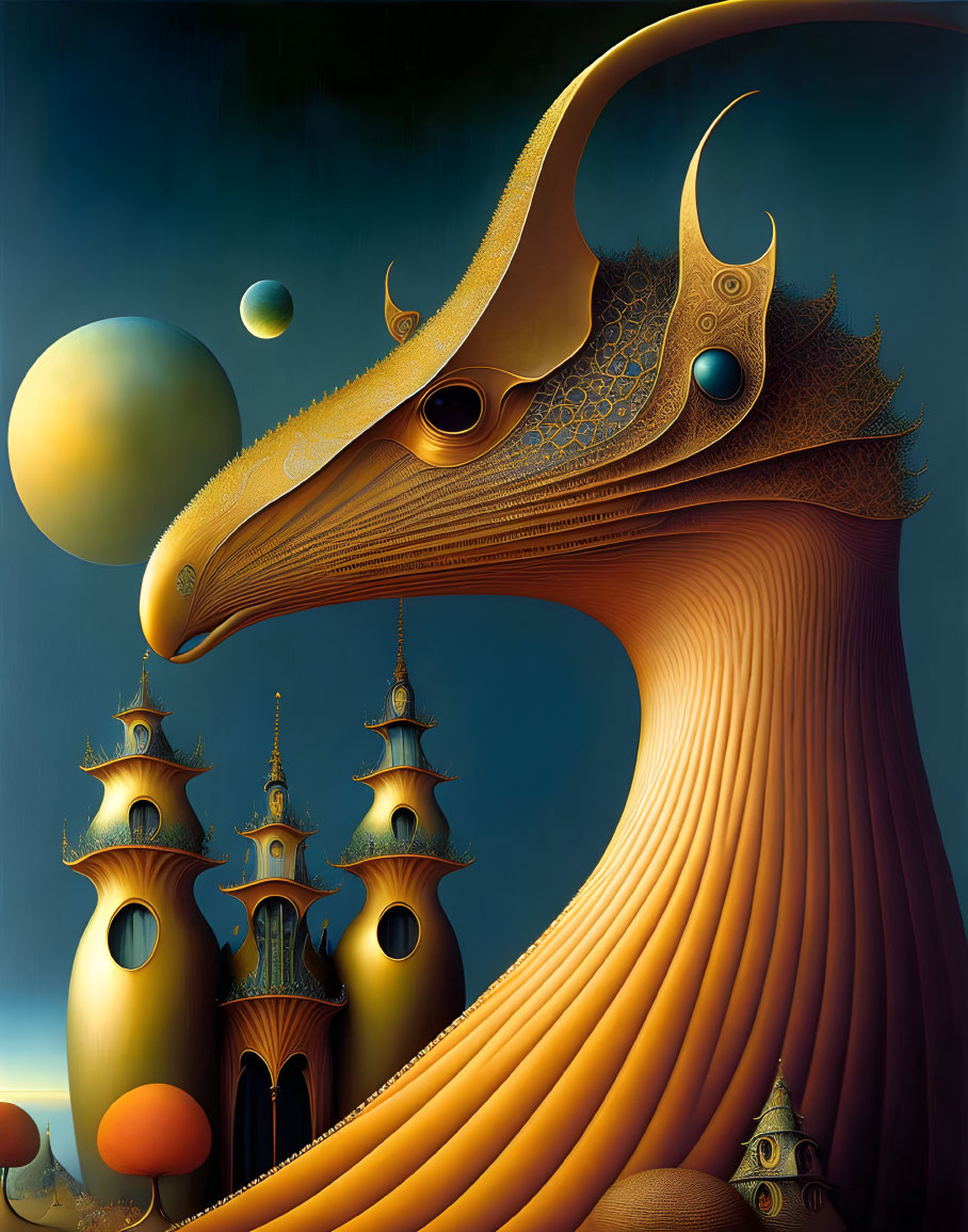 Surreal creature with tower-like body and castle spires in twilight sky