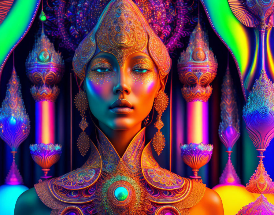 Colorful digital artwork featuring woman with golden headgear and blue skin surrounded by psychedelic patterns