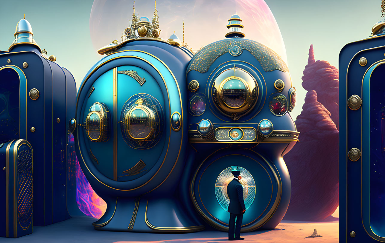 Futuristic blue and gold structures with person at grand circular doorway