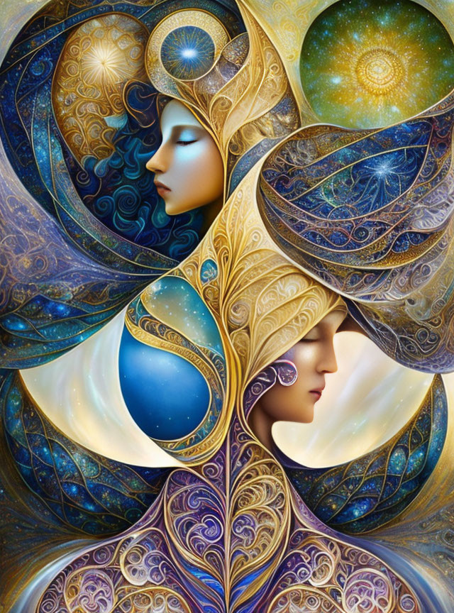 Stylized profile faces in cosmic-themed artwork with blue, gold, and white colors