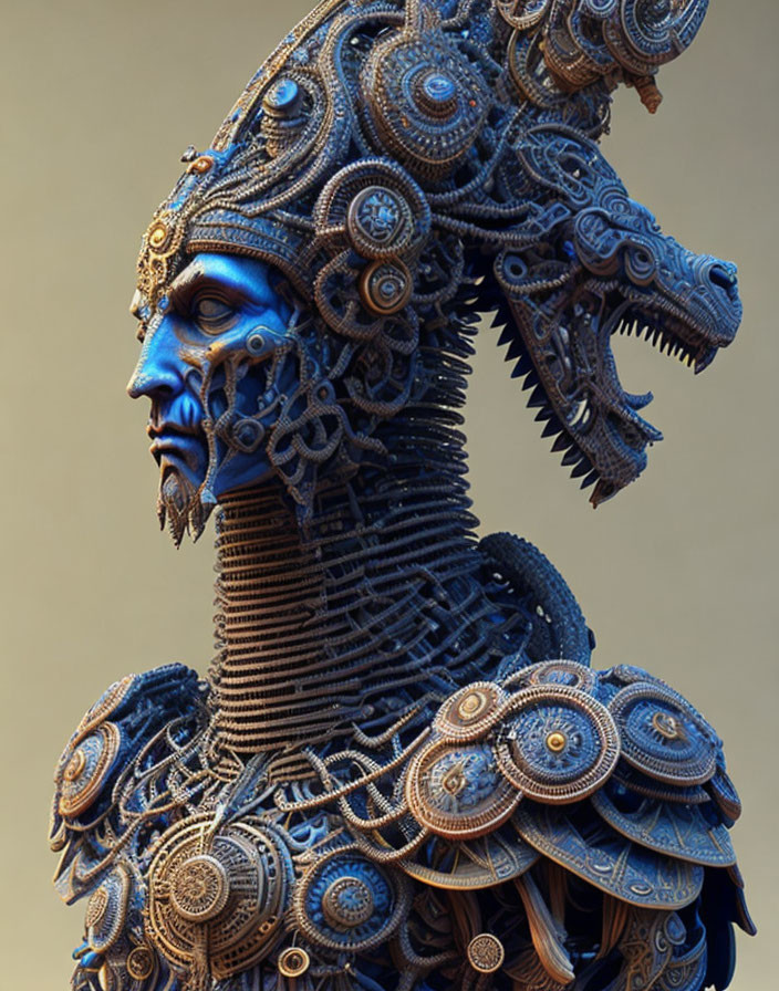 Steampunk-style headgear and shoulder armor with gears on blue humanoid.