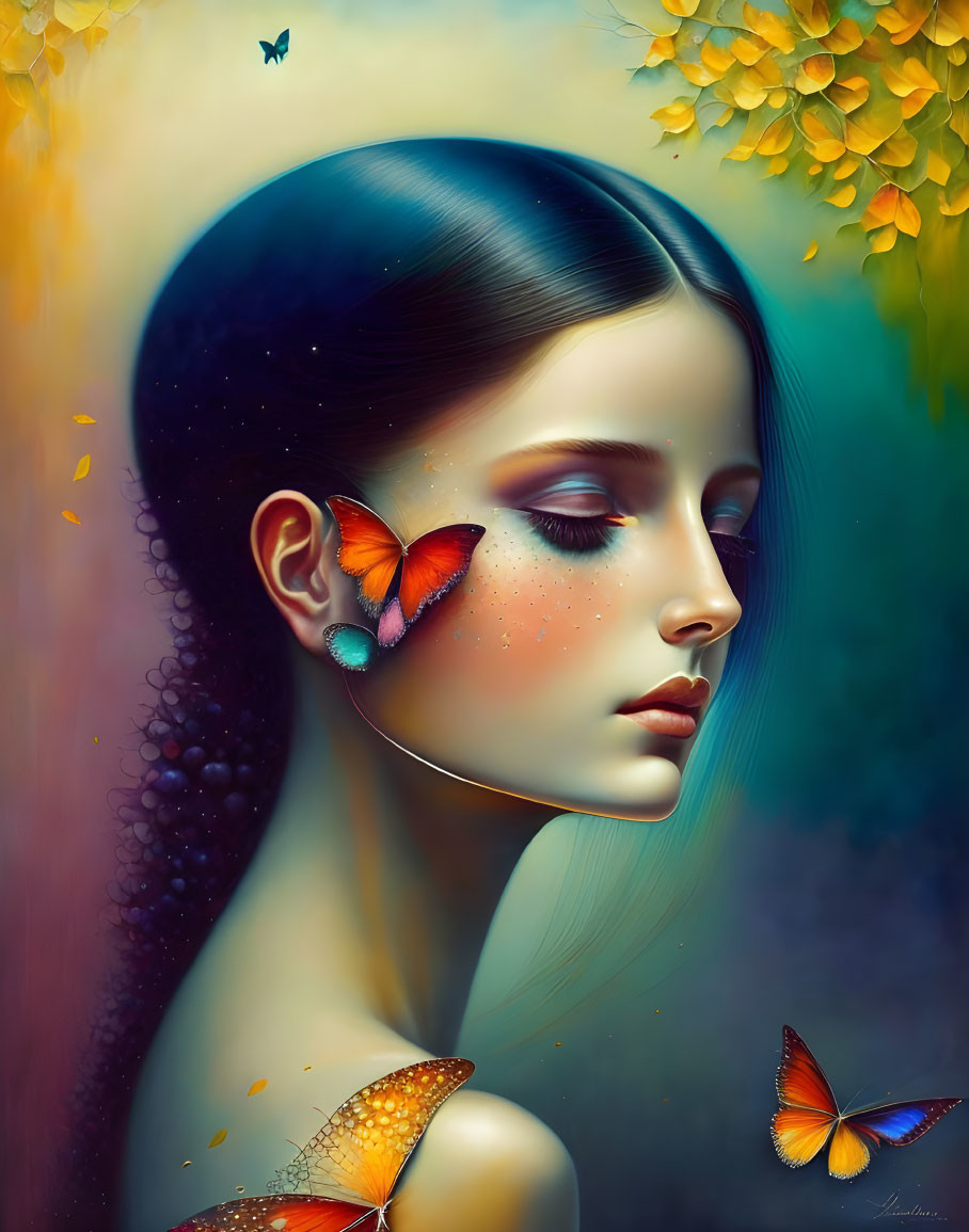 Serene Portrait of Woman with Butterflies and Nature