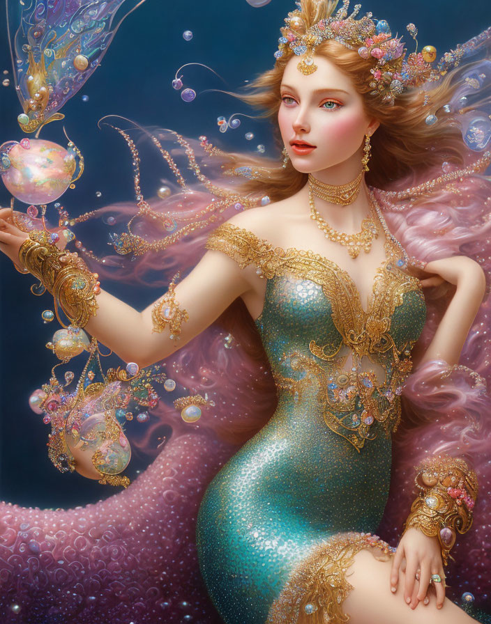 Ethereal woman with pink hair in teal dress and scepter surrounded by bubbles