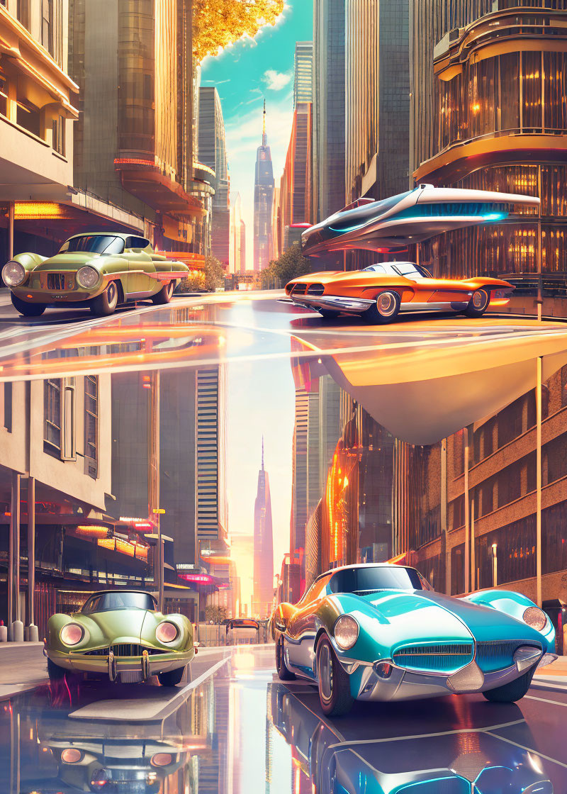 Futuristic cityscape with classic cars and flying vehicles at sunset