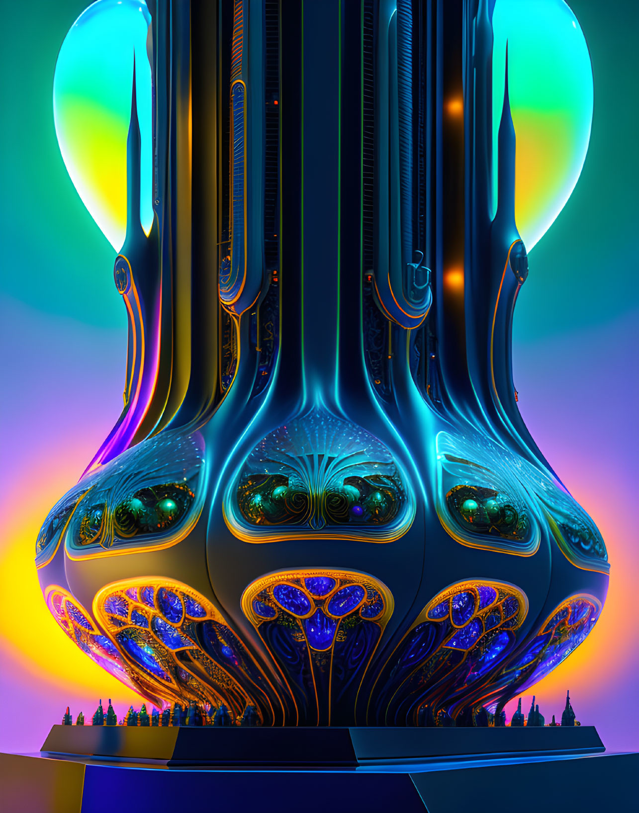 Futuristic digital artwork: vibrant structure with neon patterns