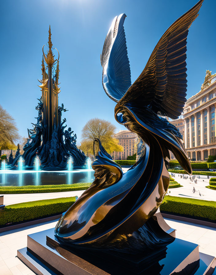 Glossy black bird sculpture with outstretched wings near ornate golden fountain