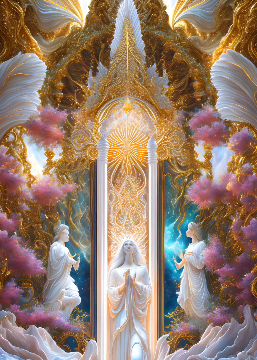 Ethereal illustration of three robed figures in ornate setting