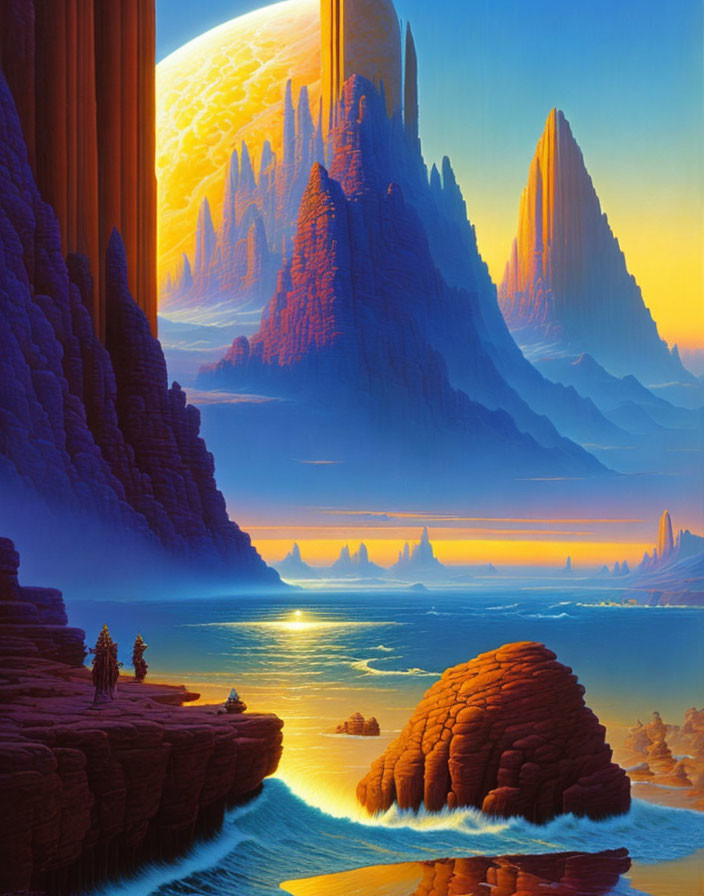 Sci-fi landscape with towering rocks, large planet, water under sunset glow