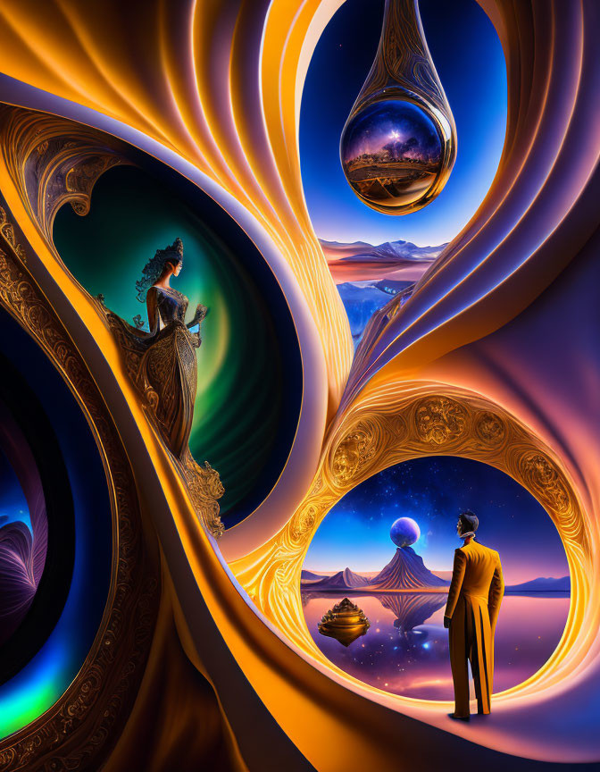 Digital artwork: Two figures in swirling portals, cosmic landscapes, floating orbs