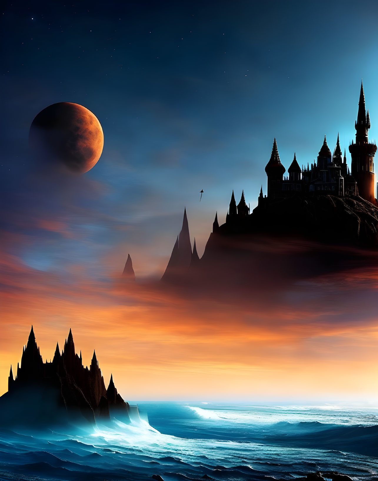 Majestic castle on cliffs under starry sky with moon, ocean waves, figure on broom