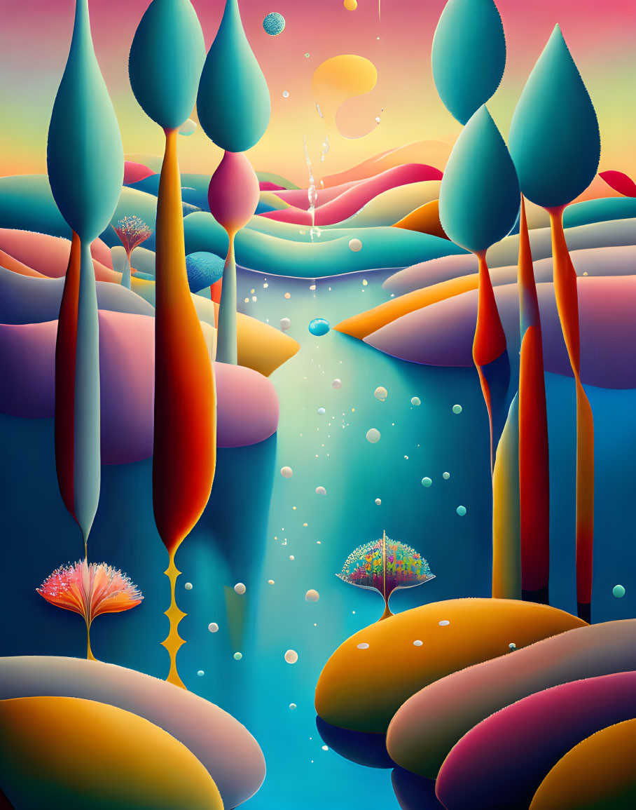 Colorful Surreal Landscape with Stylized Trees and Bubbles