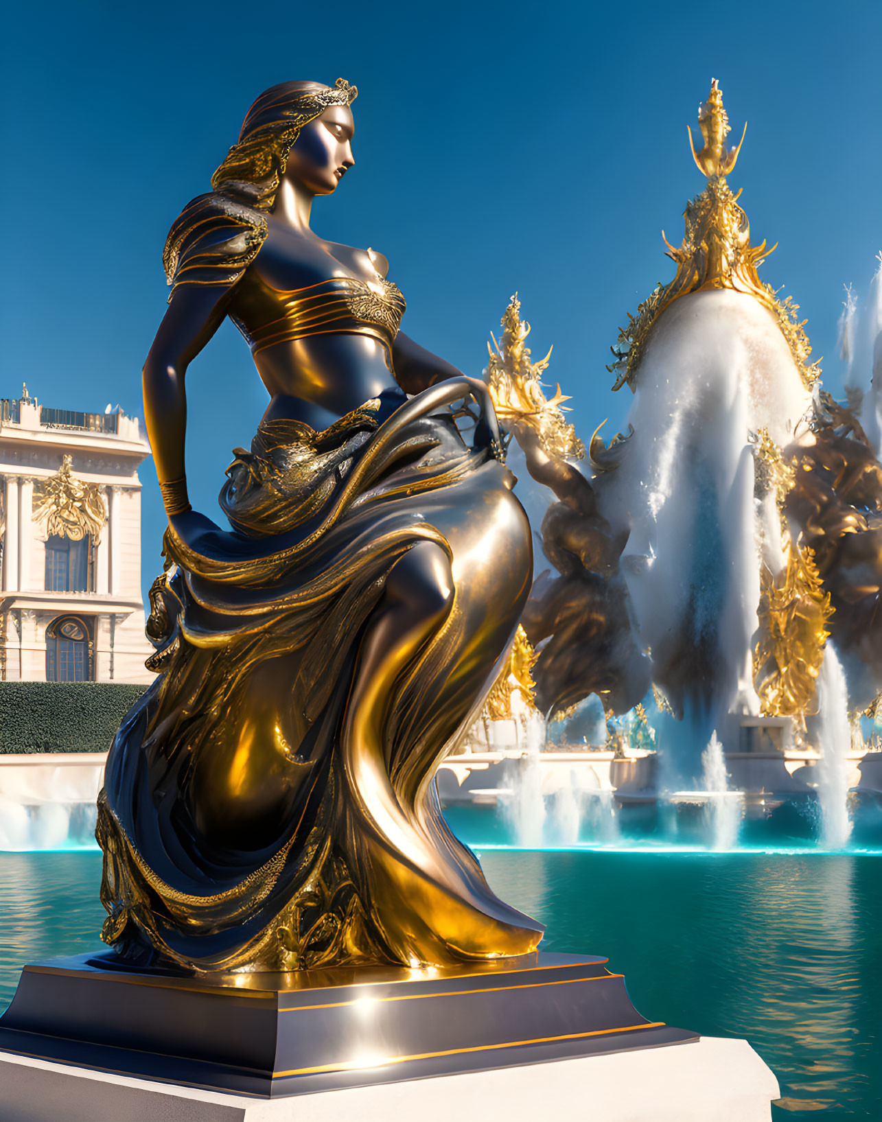 Golden statue of woman in flowing dress by fountain under clear blue sky