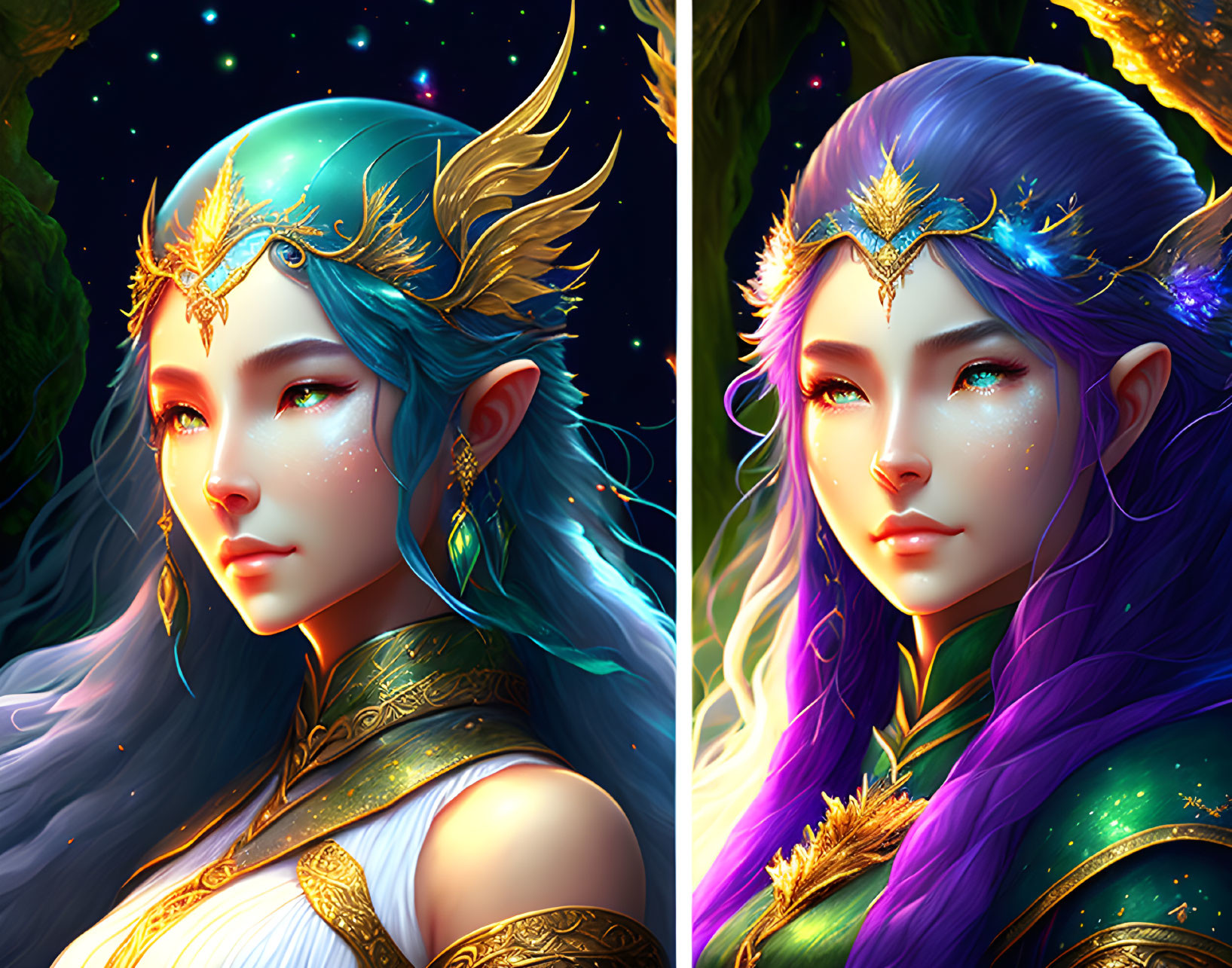 Stylized female characters with pointed ears and vibrant hair in ornate headpieces