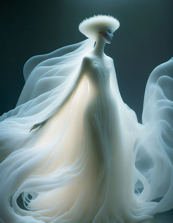 Glowing halo and flowing robes on ethereal figure against dark background
