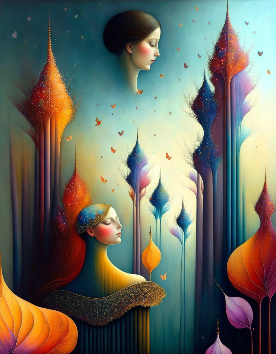 Ethereal Female Figures Amidst Vibrant Fantasy Plants