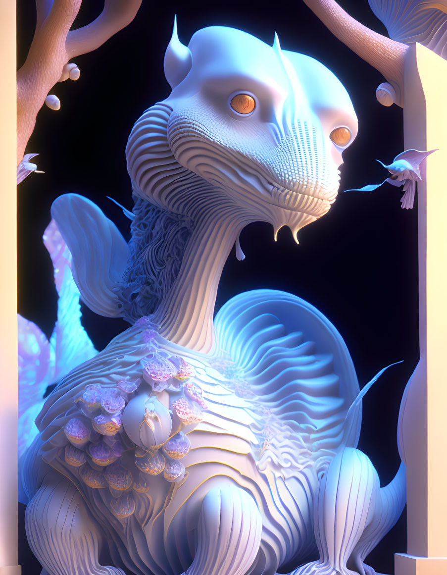 Intricate 3D-rendered dragon with glowing eyes in whimsical environment