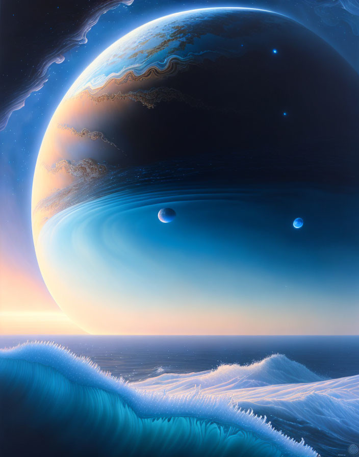 Detailed surreal landscape with rising planet over ocean & starry sky