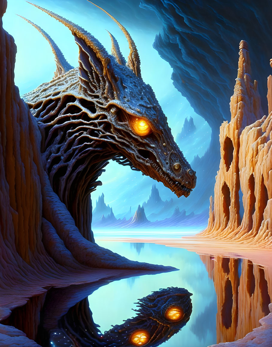 Majestic dragon with glowing orange eyes near water and sandstone formations