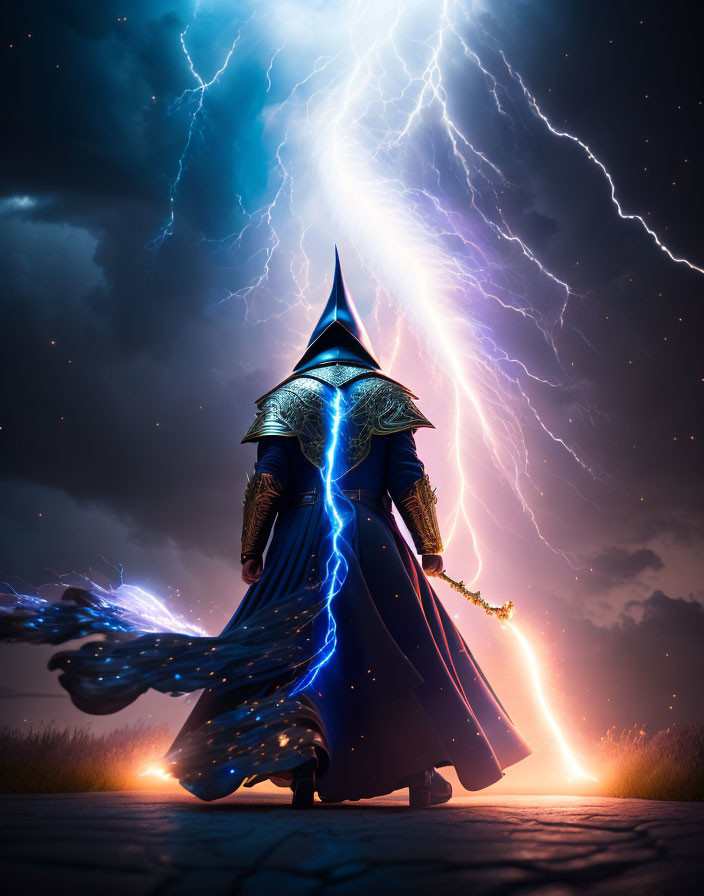 Cloaked figure harnesses lightning energy in dramatic sky