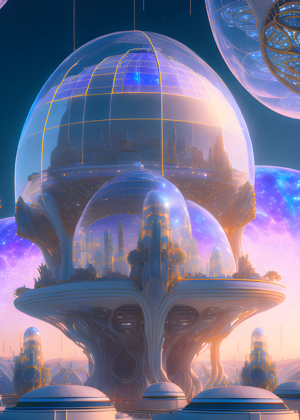 Futuristic cityscape with dome-shaped buildings under twilight sky