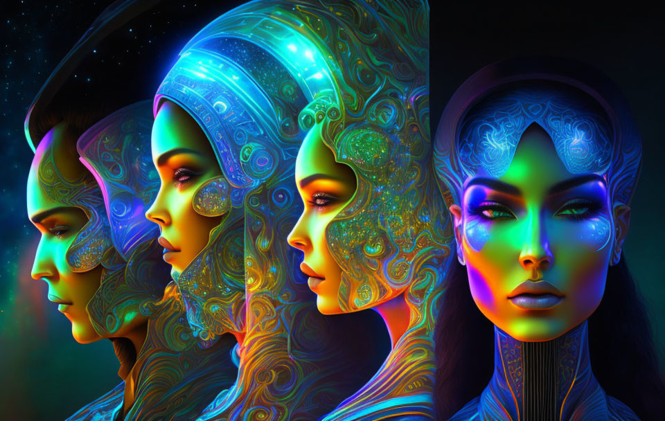 Neon-patterned digital artwork featuring four female faces in profile