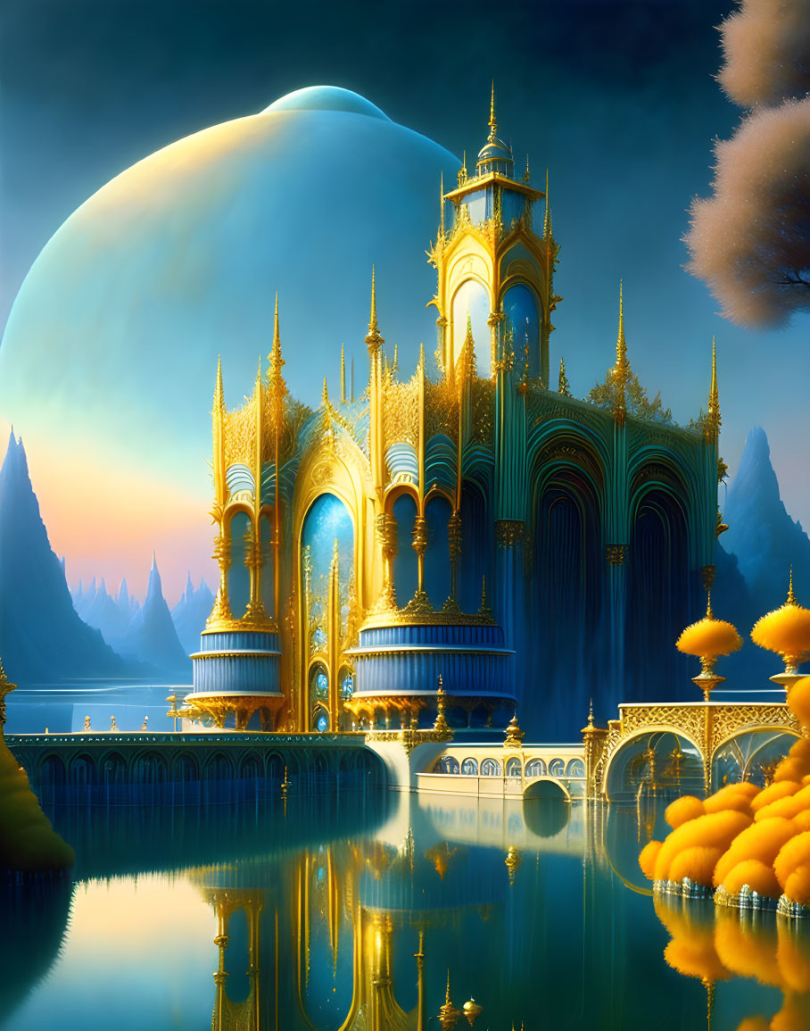 Golden castle with spires near reflective water under large moon in twilight sky