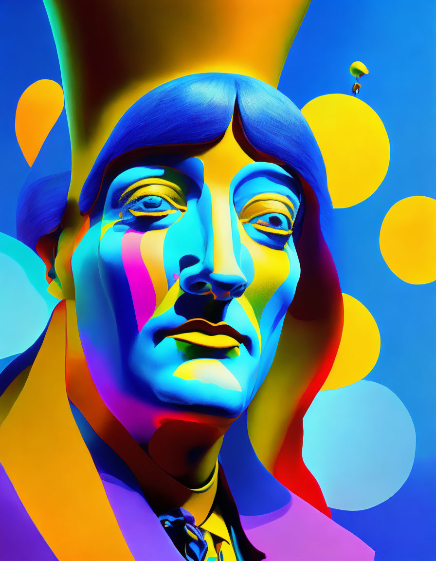 Colorful digital artwork of a person with exaggerated features on blue and yellow dotted background.