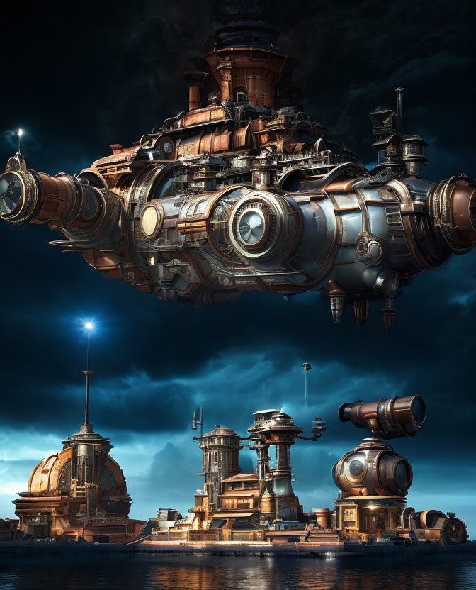 Steampunk-style flying ship over futuristic buildings at twilight