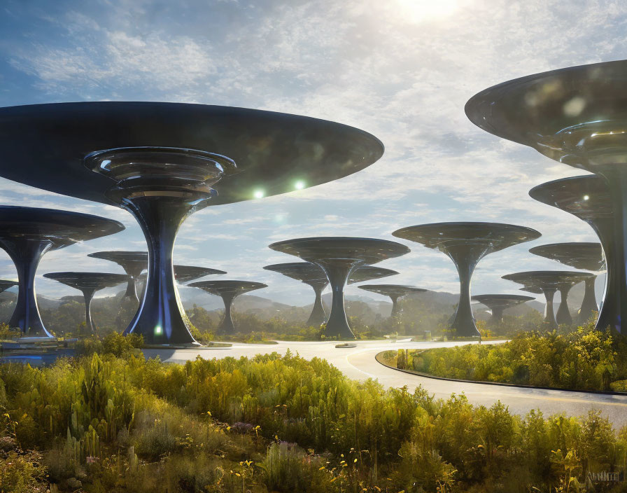 Futuristic cityscape featuring towering mushroom-shaped structures in lush greenery under a clear blue sky.