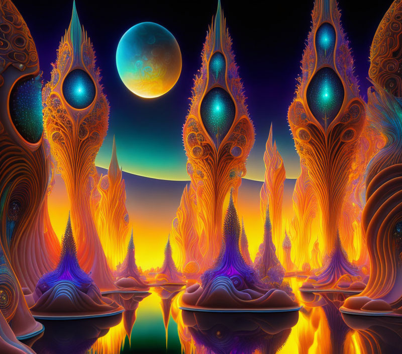 Surreal landscape with alien towers, glowing moon, reflective water