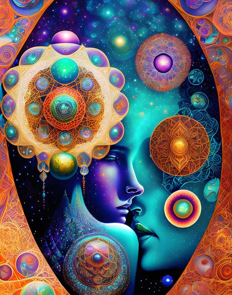 Colorful psychedelic artwork: Face profile with cosmic motifs, jewels, and celestial patterns