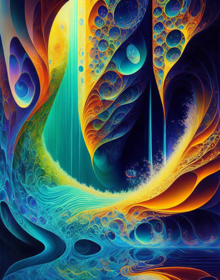 Colorful Swirling Patterns and Fractals in Blue, Yellow, and Orange