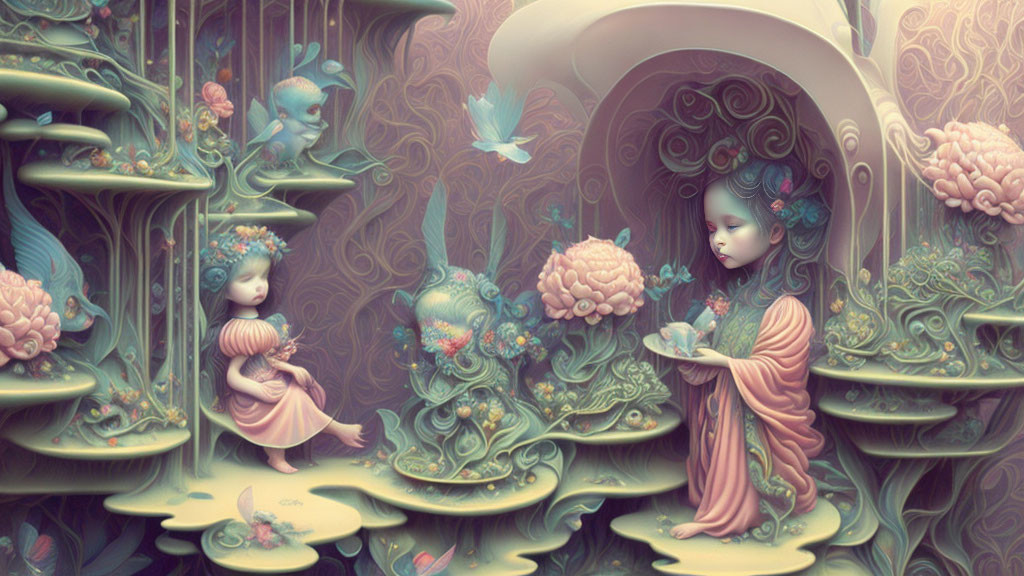 Surreal floral illustration with delicate beings in soft pastel colors