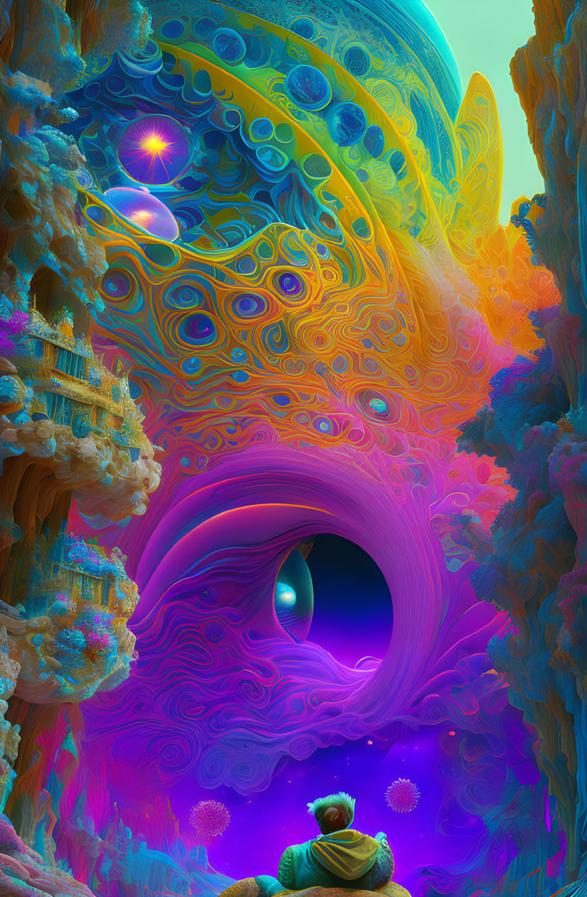 Vibrant psychedelic cavern with swirling cosmic elements