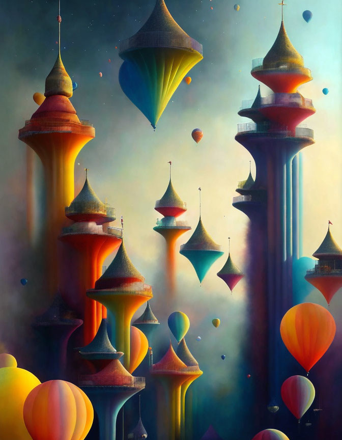 Colorful fantasy landscape with whimsical towers and hot air balloons at twilight