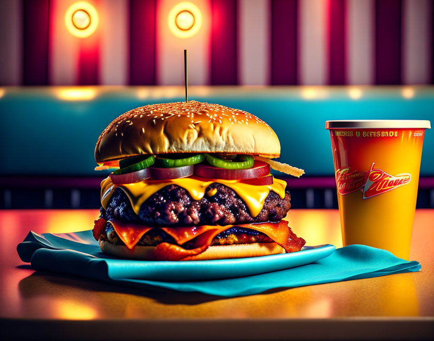 Classic Double Cheeseburger with Tomatoes, Pickles, Lettuce, and Branded Cup on
