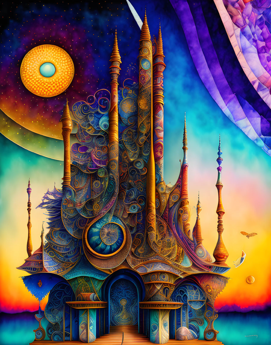 Fantastical castle with intricate patterns under celestial sky