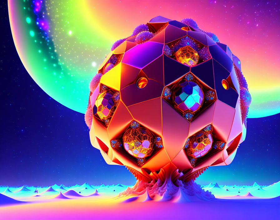 Colorful digital art: Jewel-encrusted sphere above neon landscape