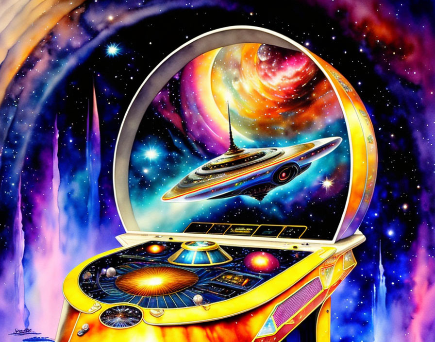 Vibrant cosmic-themed pinball machine artwork with UFO and nebulae scene