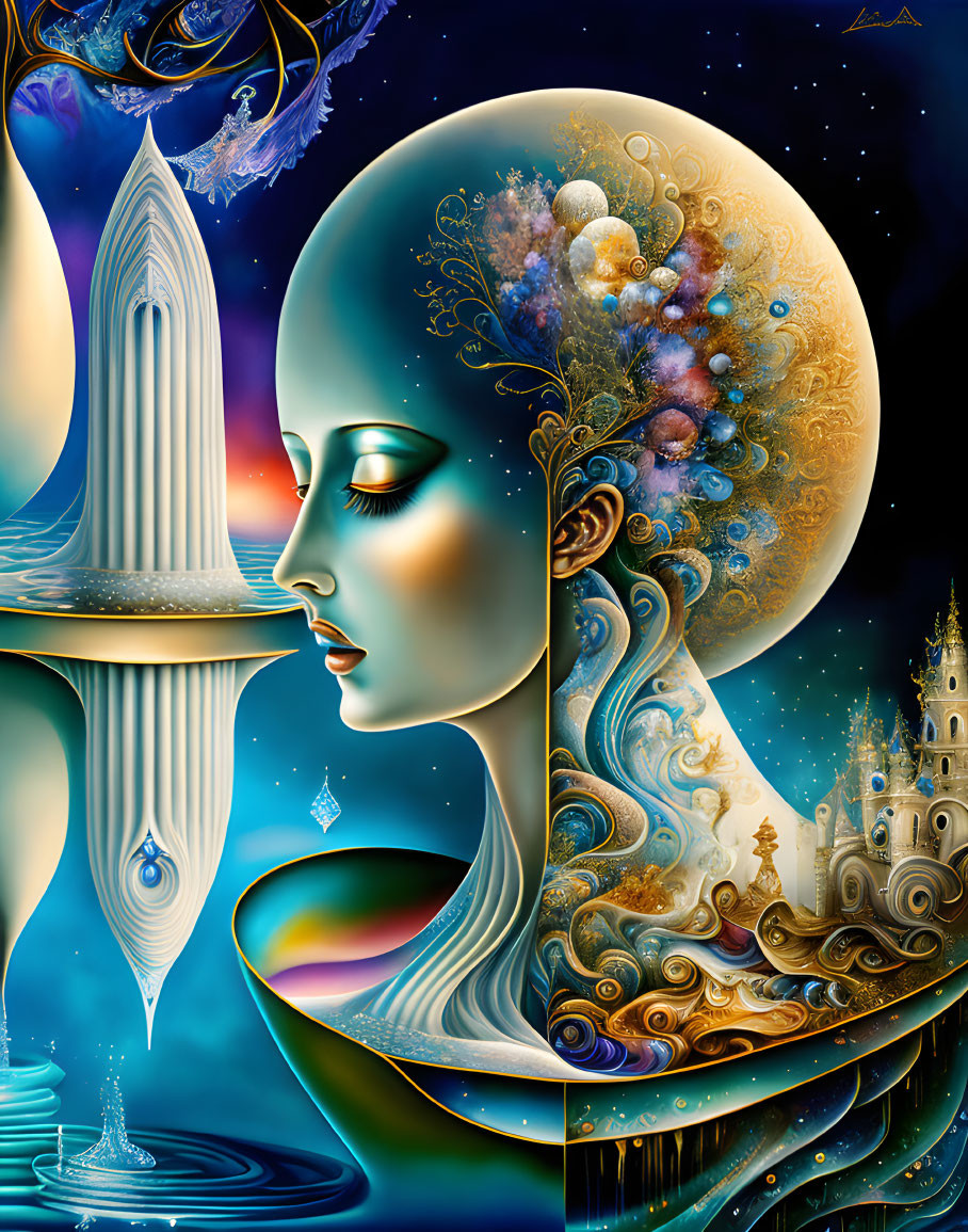 Surreal female face with cosmic and architectural elements in vibrant colors