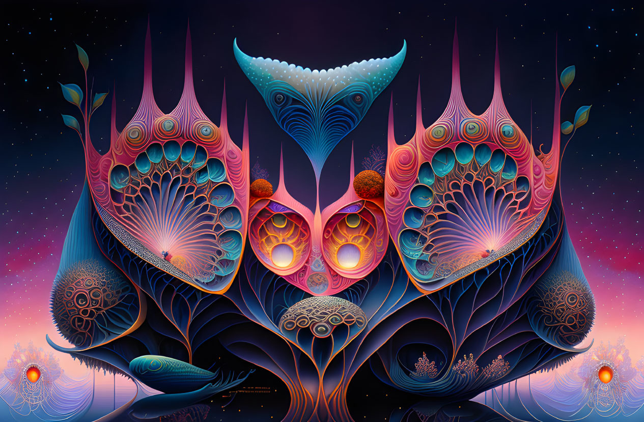 Symmetric abstract shapes with intricate patterns on vibrant digital artwork.