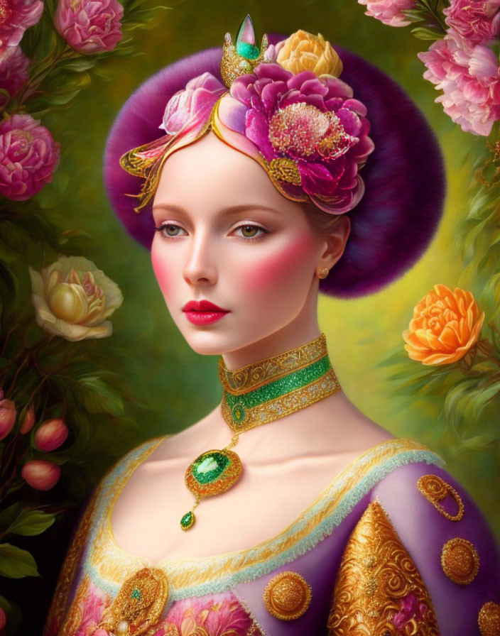 Woman Portrait with Stylized Makeup, Ornate Headdress, and Vibrant Flowers