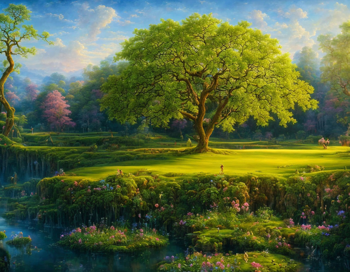 Majestic tree in lush meadow with clear stream