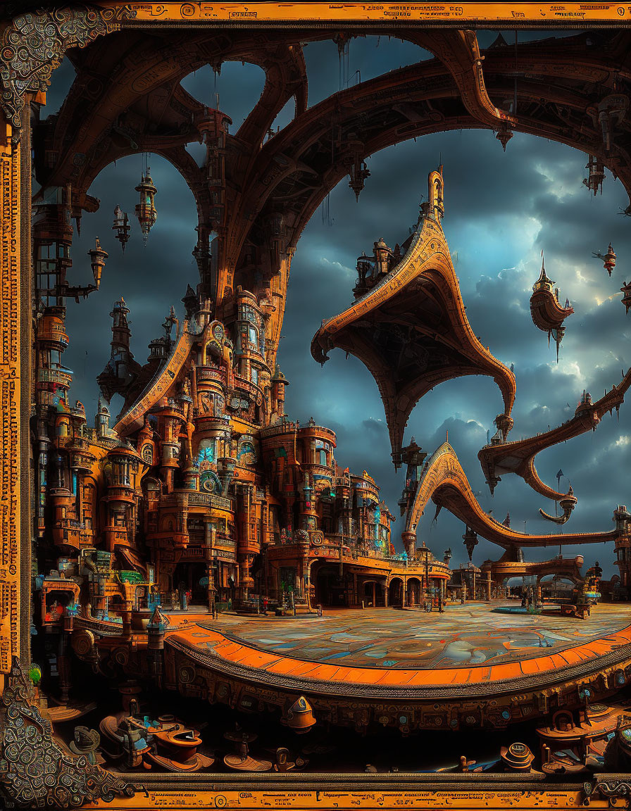 Steampunk cityscape with flying ships in ornate frame