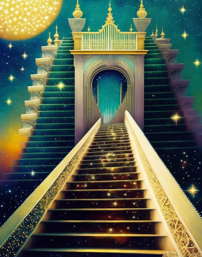 Grand golden staircase leading to starry sky with moon and ornate gate