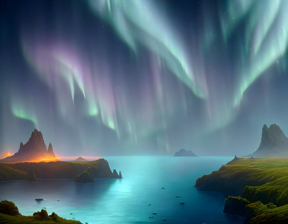 Northern Lights illuminate serene coastal landscape at twilight