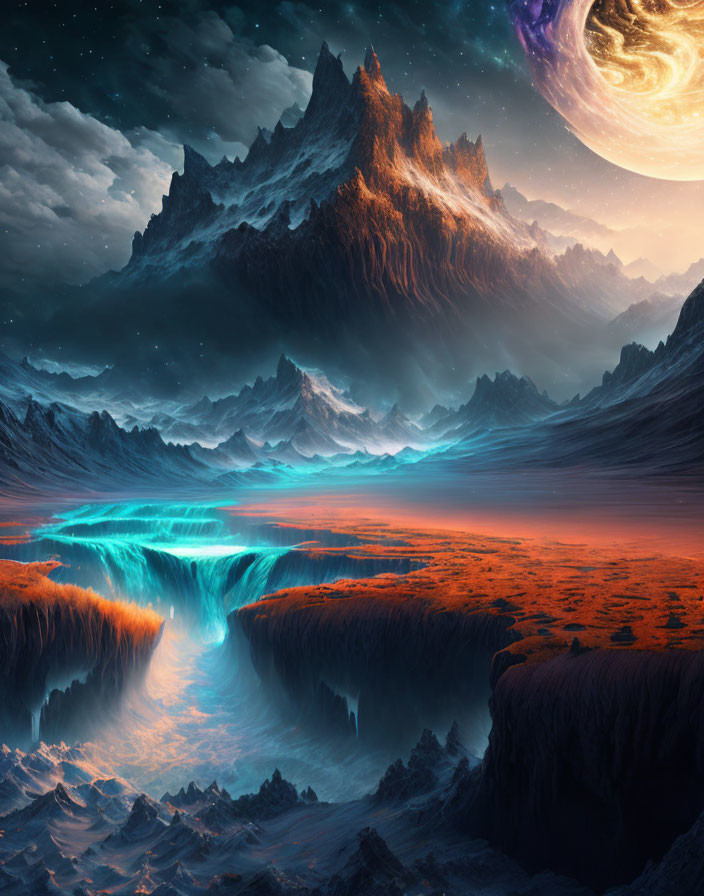 Fantastical landscape with glowing blue river waterfall and starry sky