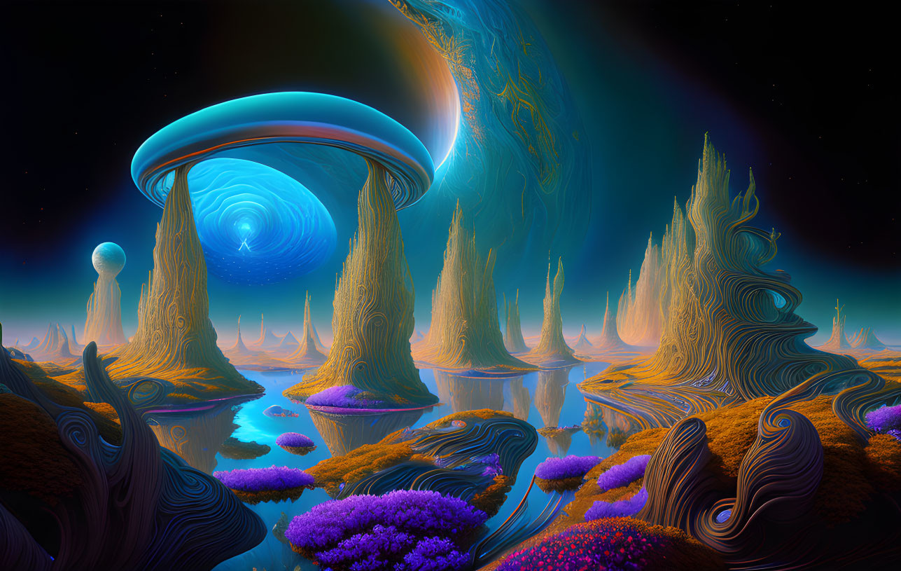 Surreal alien landscape with towering rock formations and celestial bodies